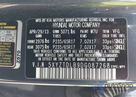 2013 Hyundai Santa Fe Sport z USA, uszkodzony, nr VIN 5XYZTDLB9DG087268